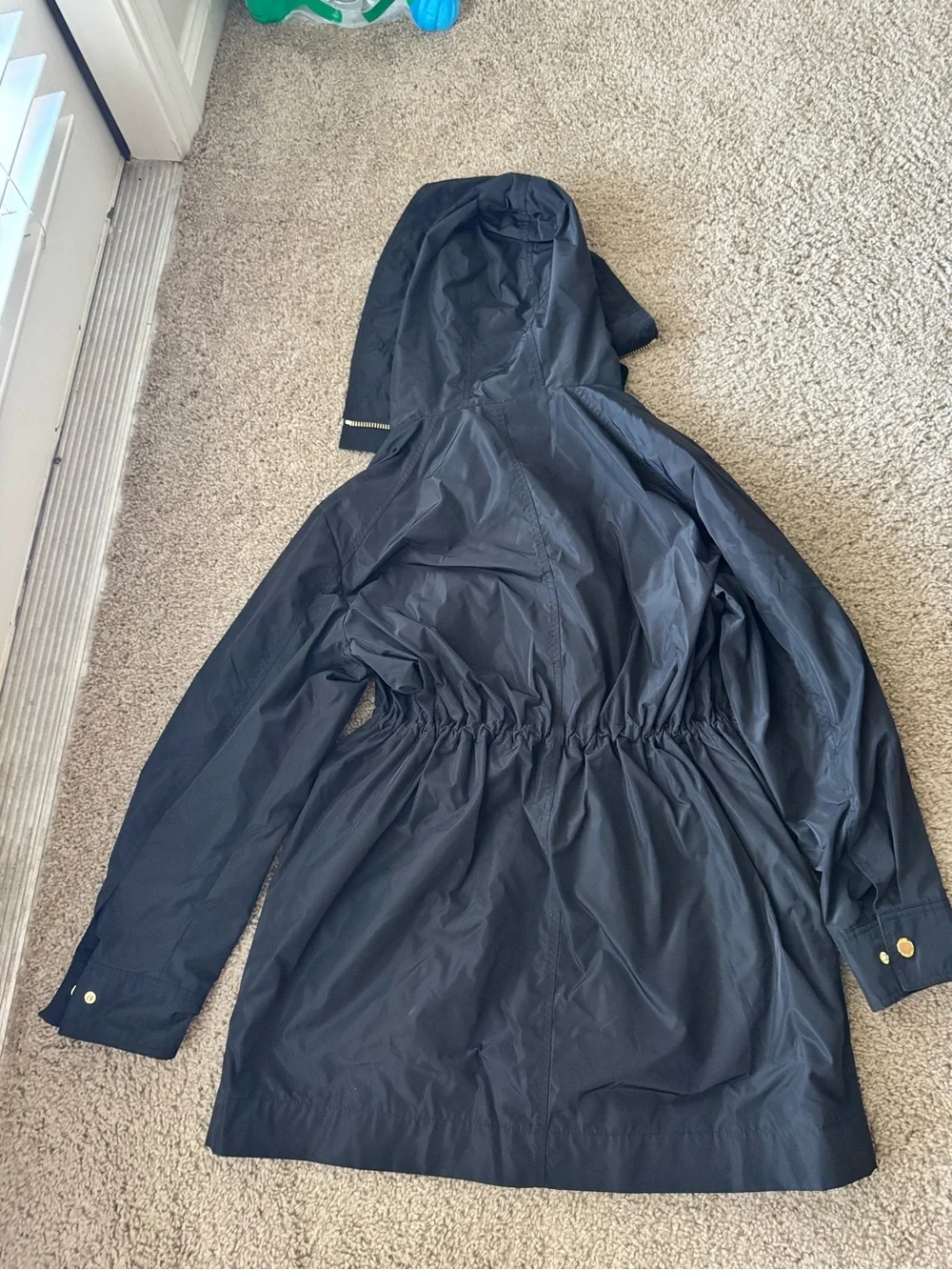 Michael Kors Black Hooded Trench Coat with Gold Hardware and COOL Detail